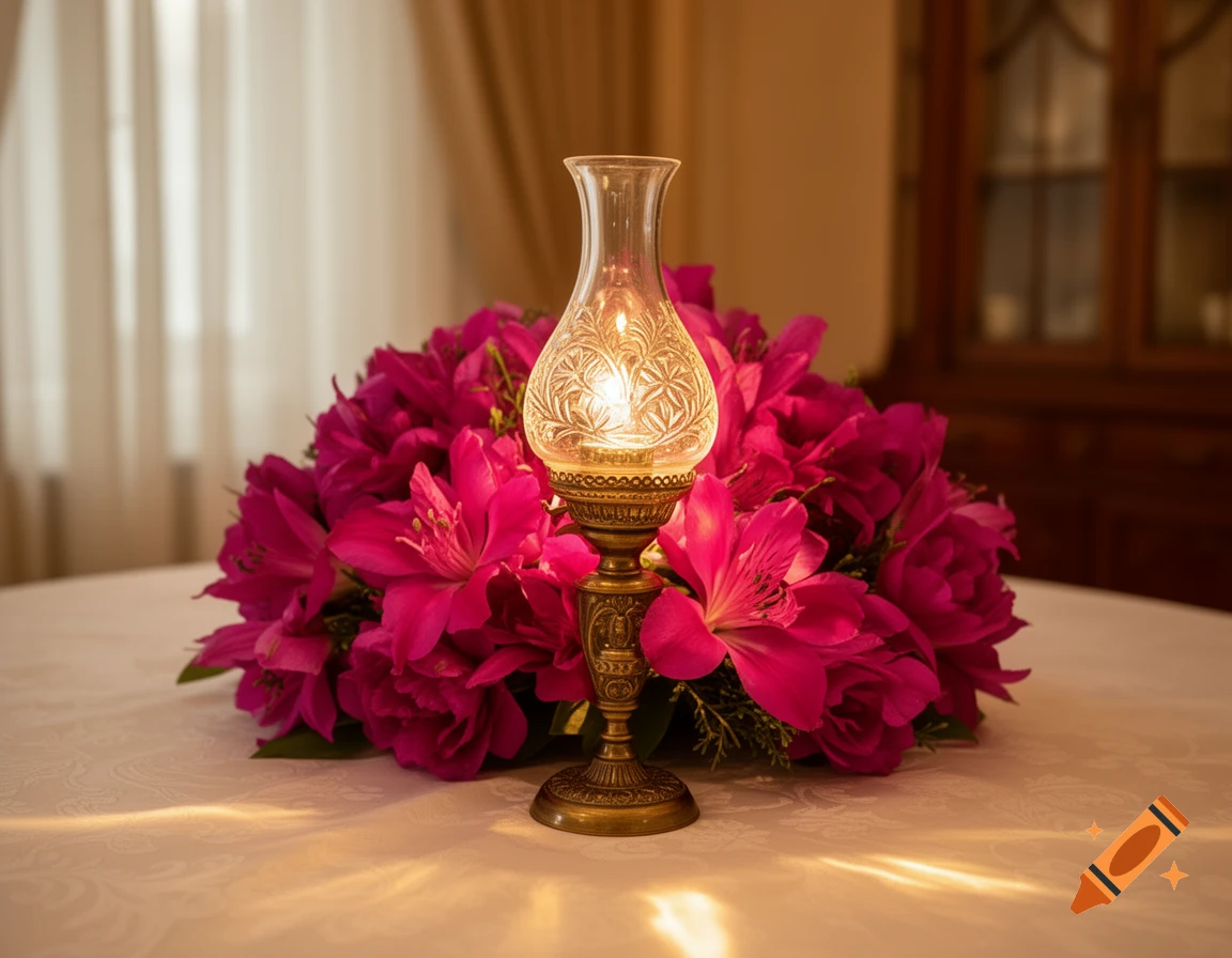A glowing vintage lamp with a patterned glass shade surrounded by a vibrant fuchsia flower bouquet on a white tablecloth.