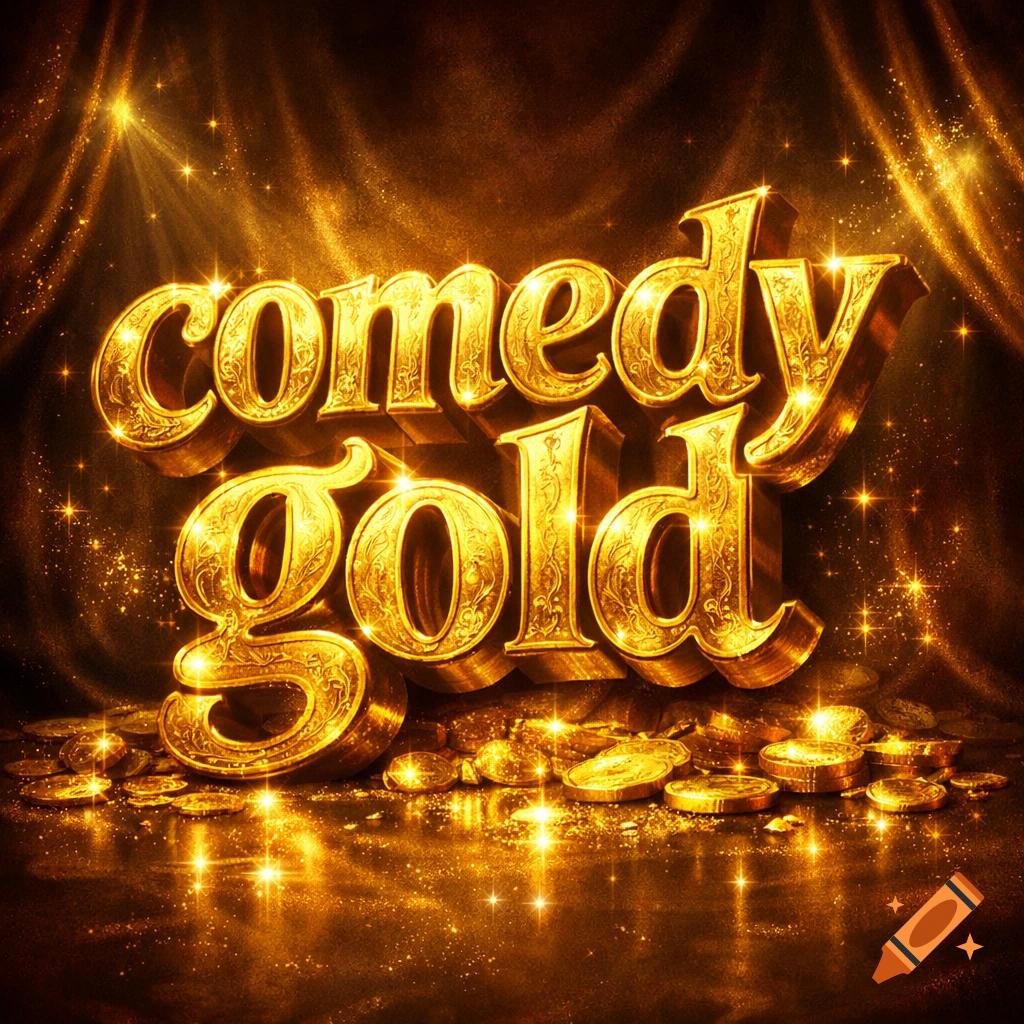 3D golden text spelling 'comedy gold' surrounded by sparkling gold dust and coins on a dark, shimmering background.