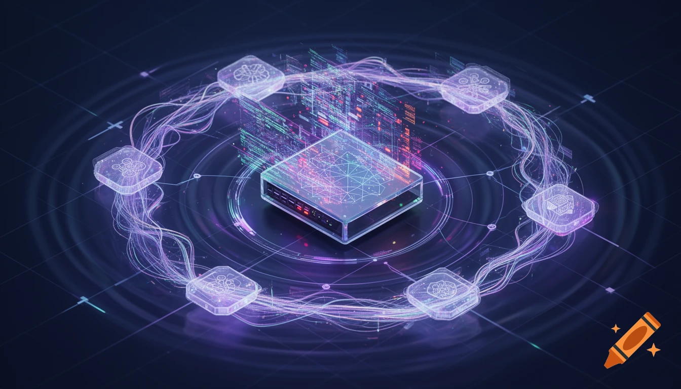 A glowing, futuristic network concept with a central server-like object surrounded by six modules, connected by light trails.