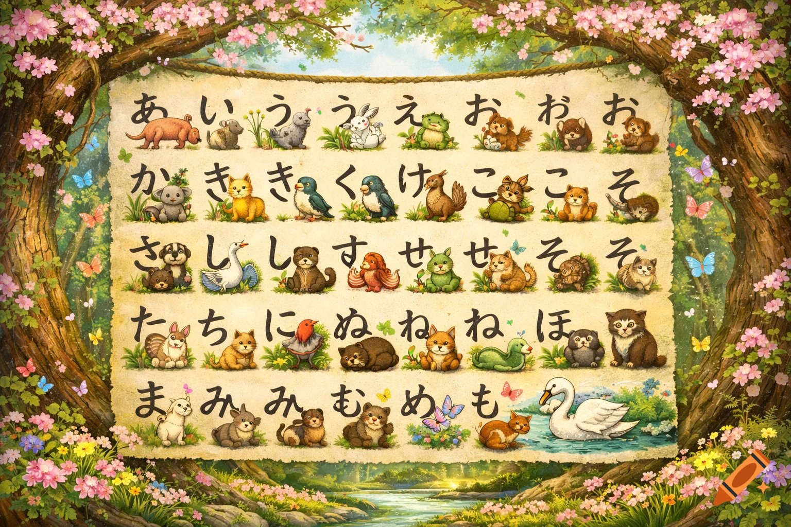 A whimsical illustration of a Japanese Hiragana chart with cute animals for each character, framed by pink cherry blossoms and a river.