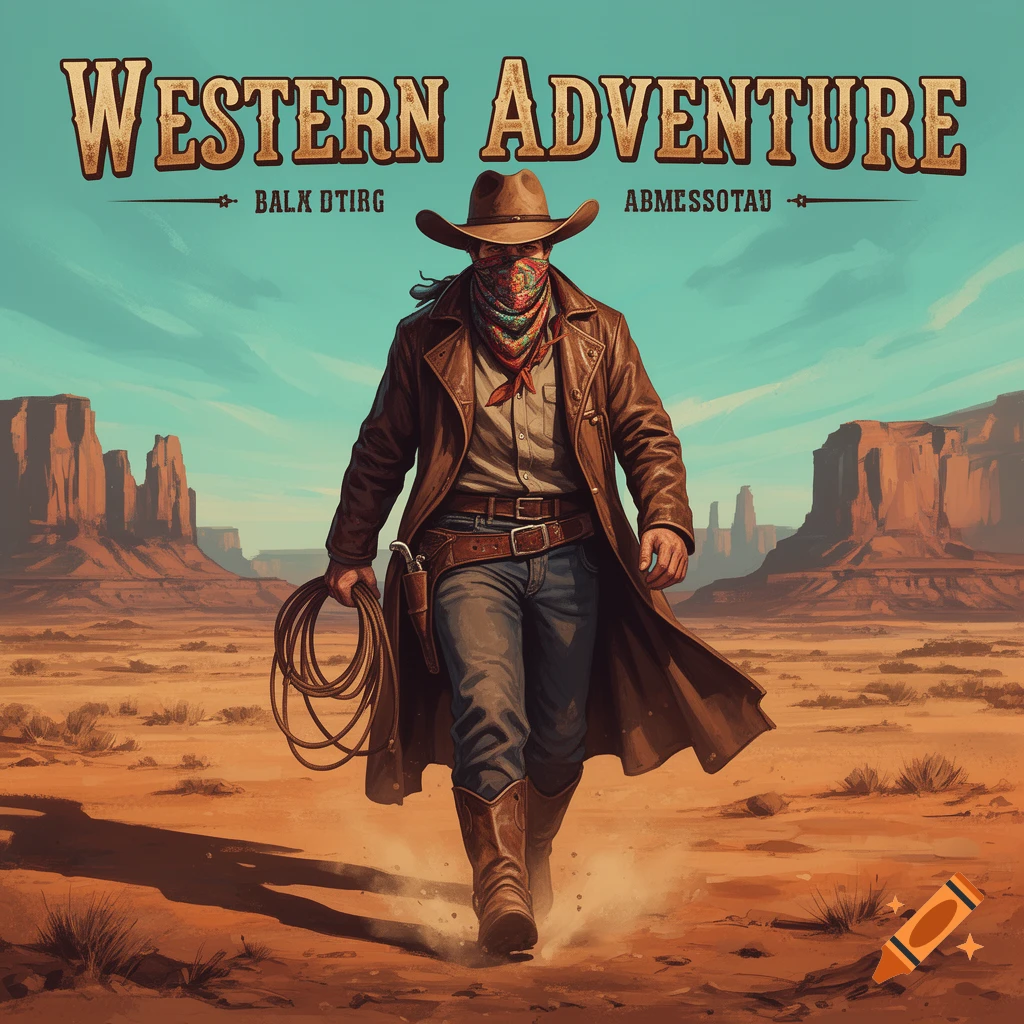 A cowboy in a duster coat and hat walks through a desert with mesas, holding a lasso. 'WESTERN ADVENTURE' text is at the top.