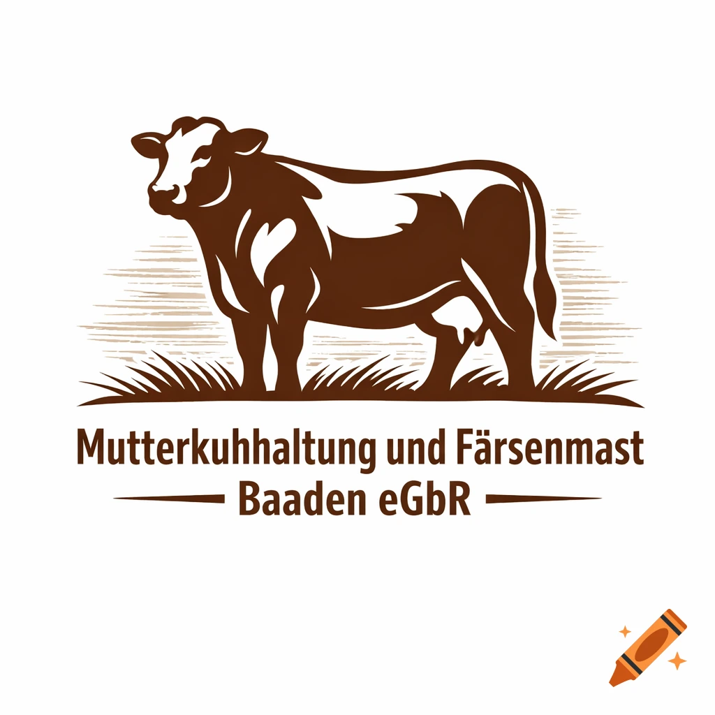 Brown and white stylized cow logo with 'Mutterkuhhaltung und Färsenmast Baaden eGbR' text on a light background.