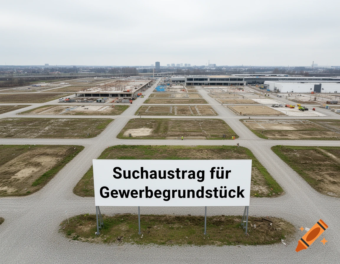 Aerial view of a commercial property development with a sign reading 'Suchauftrag f Gewerbegrundst ck' (Search order for commercial property).