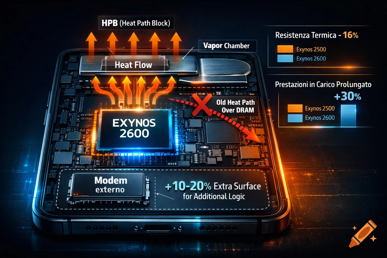 Technical infographic of a smartphone's internal components, highlighting Exynos 2600 chip, heat path block, vapor chamber, and performance metrics.