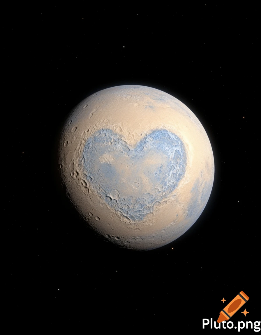 The dwarf planet Pluto, featuring its distinctive heart-shaped plain, Sputnik Planitia, against a dark, starry background.