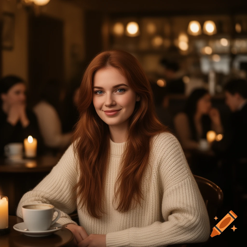 A smiling young woman with red hair in a white sweater sits at a table ...