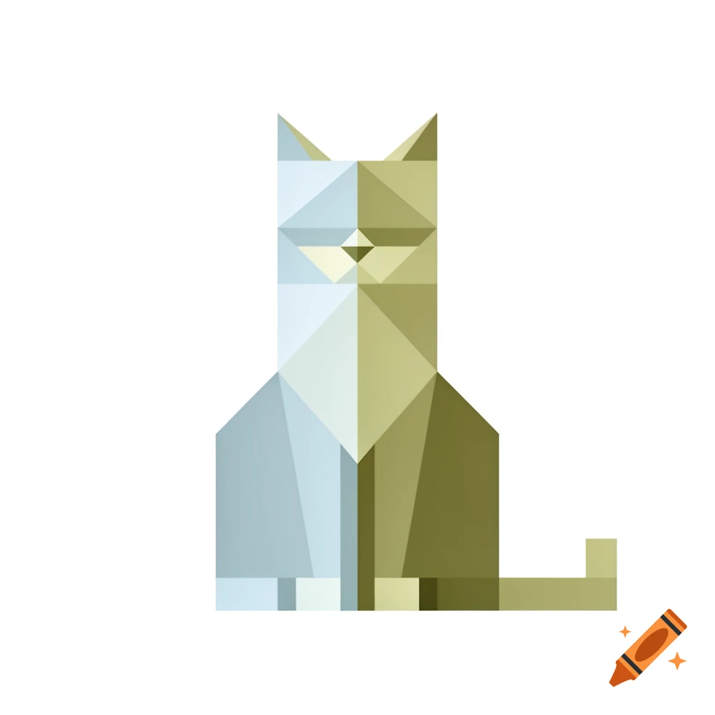 A stylized geometric cat illustration made from light blue and olive green triangles and rectangles, against a white background.