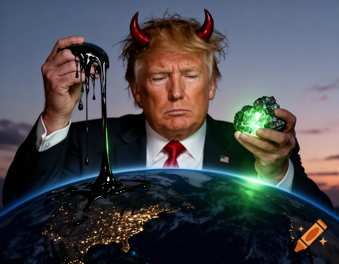 Donald Trump with devil horns pours black oil onto Earth with city lights, holding a glowing green rock, against a sunset sky.