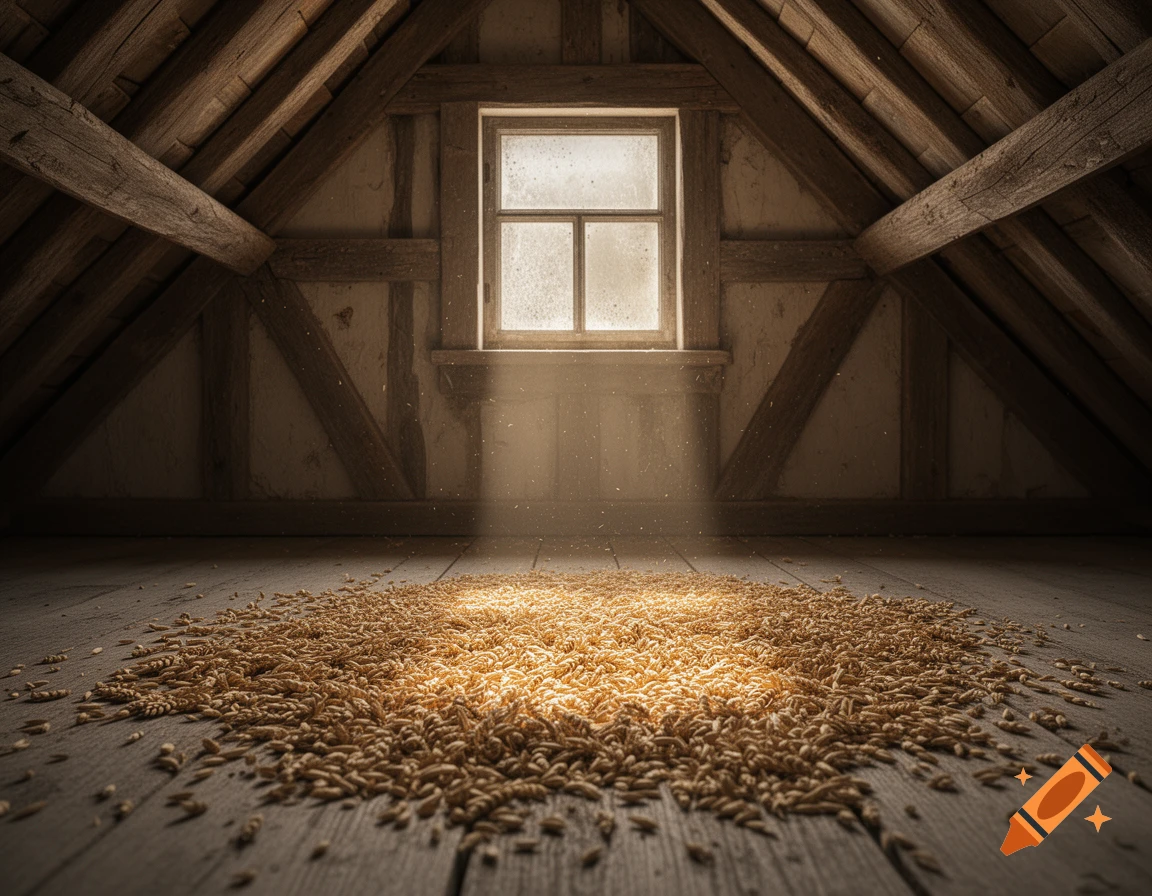 Photorealistic image of a dusty attic with a pile of grain on the wooden floor, illuminated by a sunbeam through a window.