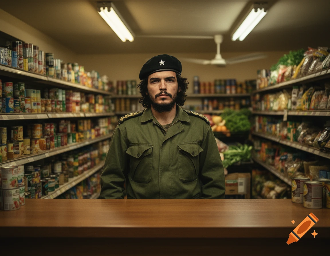A photorealistic image of a man resembling Che Guevara standing behind a counter in a grocery store.