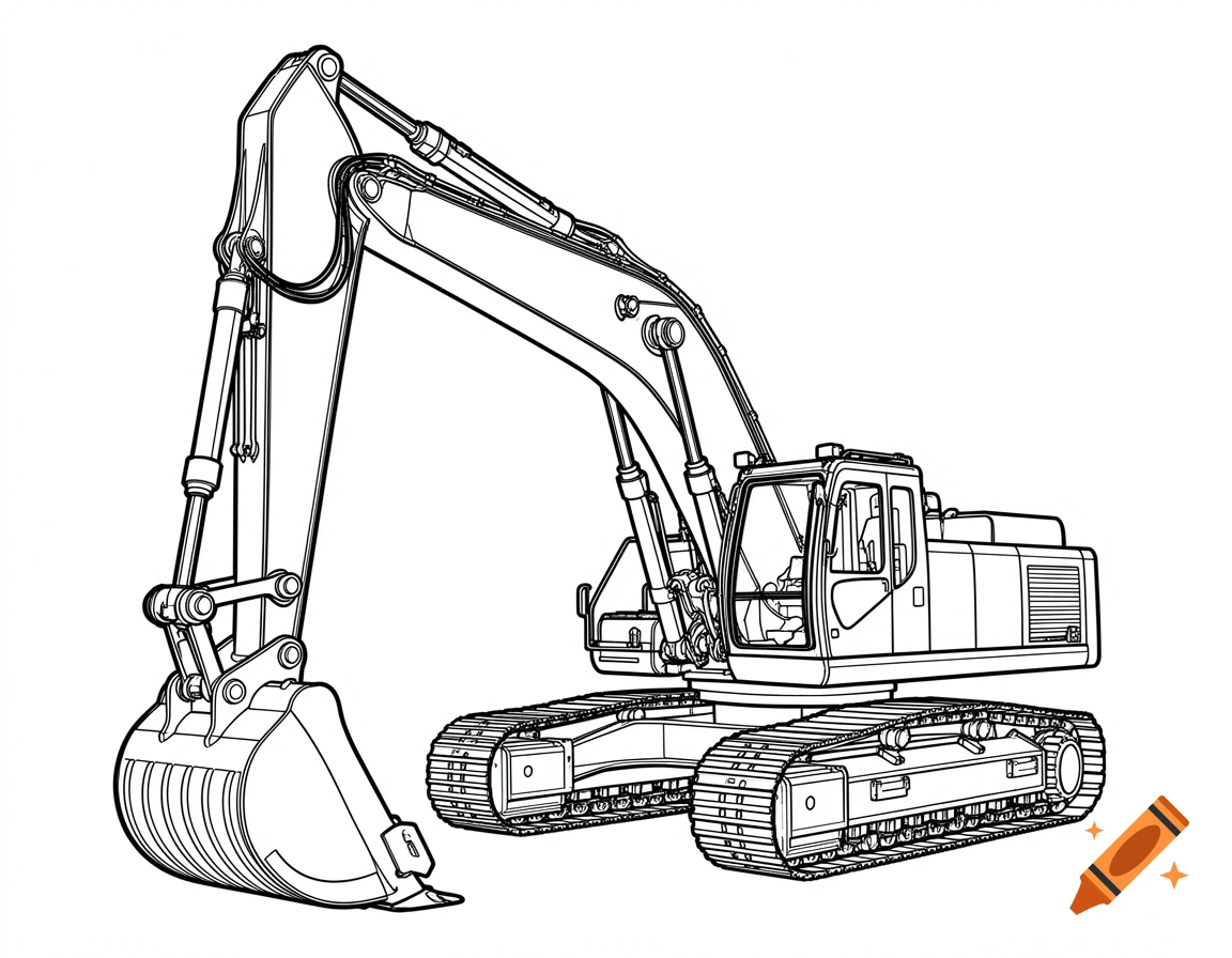 Black and white line drawing of a large excavator with a front bucket and tracks, depicted for coloring.