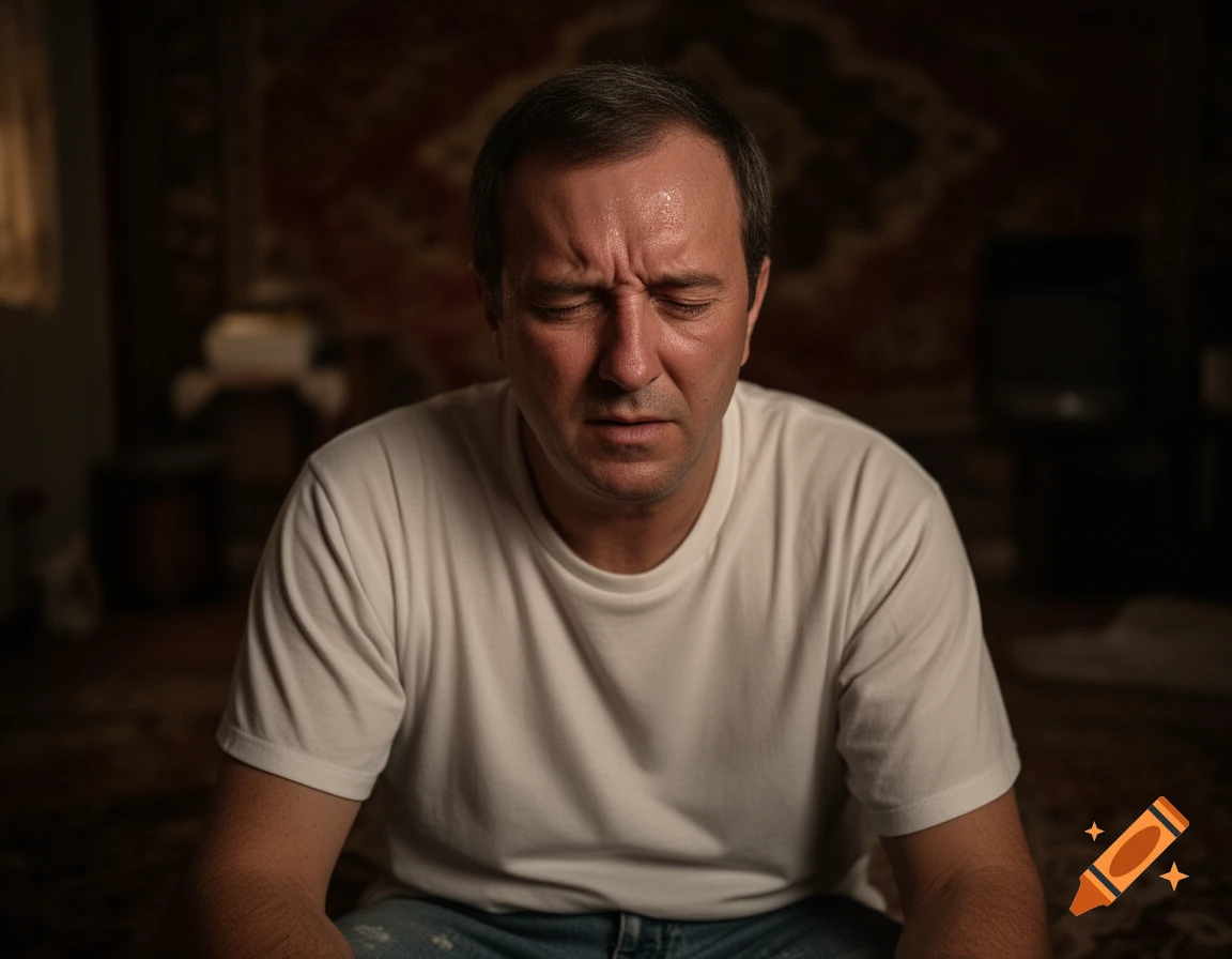 Photorealistic portrait of a sweating man with eyes closed and face contorted in distress, indoors under dim lighting.