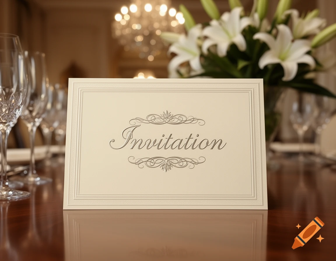 A formal invitation card on a glossy wooden table, surrounded by wine glasses, a chandelier, and white lilies in a blurred background.