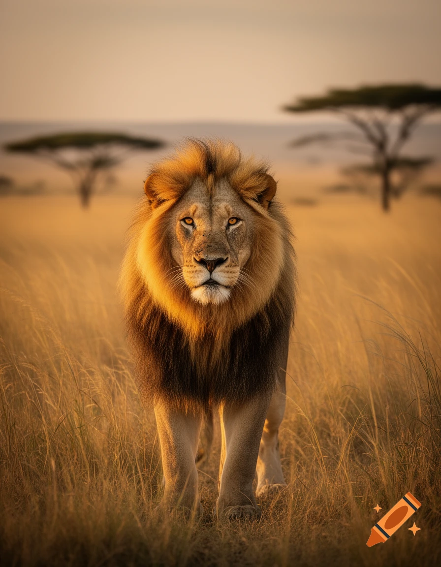 A majestic lion stands tall in a sunlit golden savanna, with acacia trees blurred in the warm background at sunset.