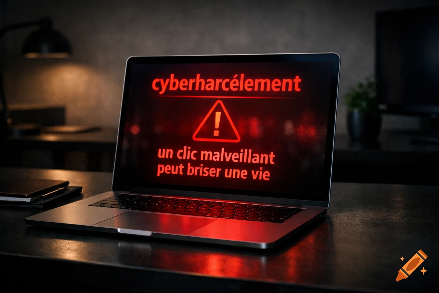 A laptop displaying a red warning message about cyberbullying, 'cyberharcèlement, un clic malveillant peut briser une vie', on a dark desk.
