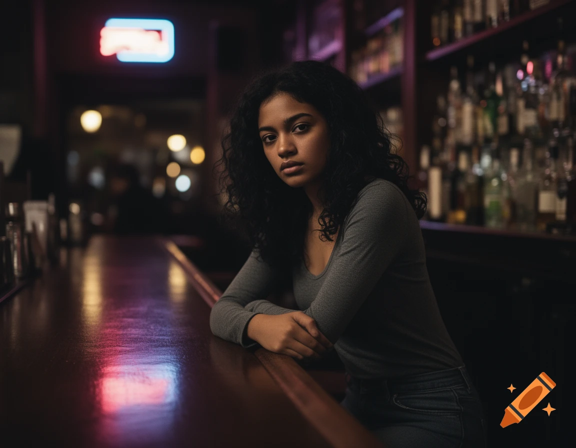 A young woman with dark curly hair leans on a dark wooden bar, illuminated by soft neon lights, with blurred bottles in the background. Photorealistic style.