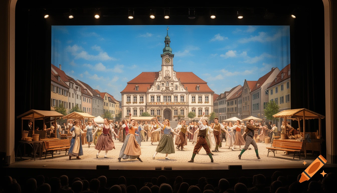 A stage performance featuring actors in historical costumes dancing in a town square setting with a grand town hall backdrop.