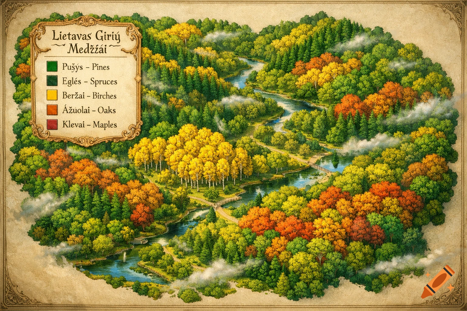 An illustrative fantasy-style map depicting a dense forest with a winding river. Different tree species are marked by color, with a legend in the top left.