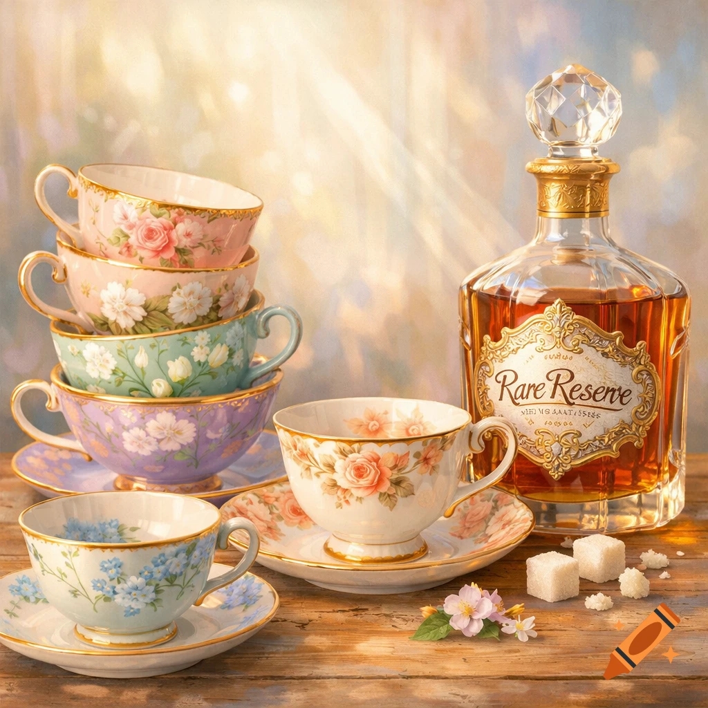 Stack of pastel floral teacups and saucers next to a bottle of 'Rare Reserve' liquor, sugar cubes, and small flowers on a wooden table.