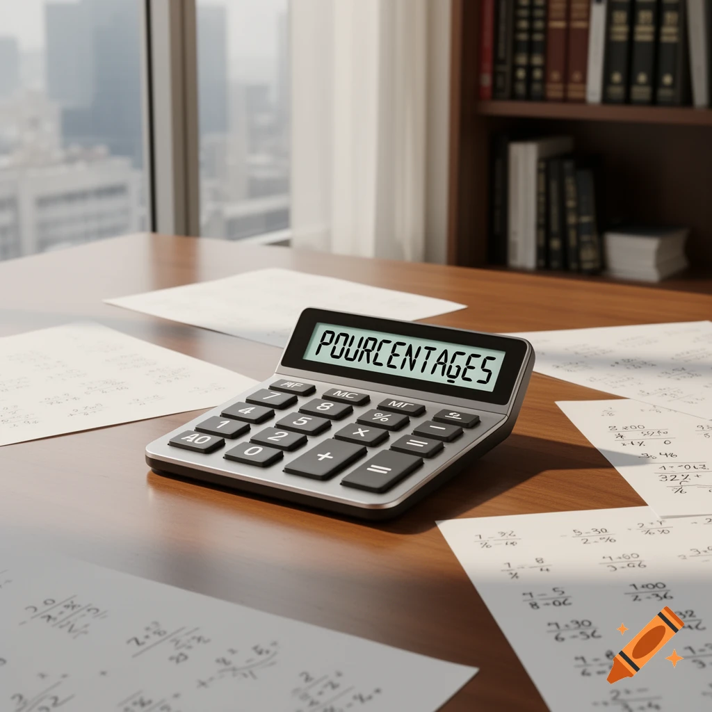 A calculator displaying 'POURCENTAGES' sits on a wooden desk with scattered calculation papers, an office window in the background.