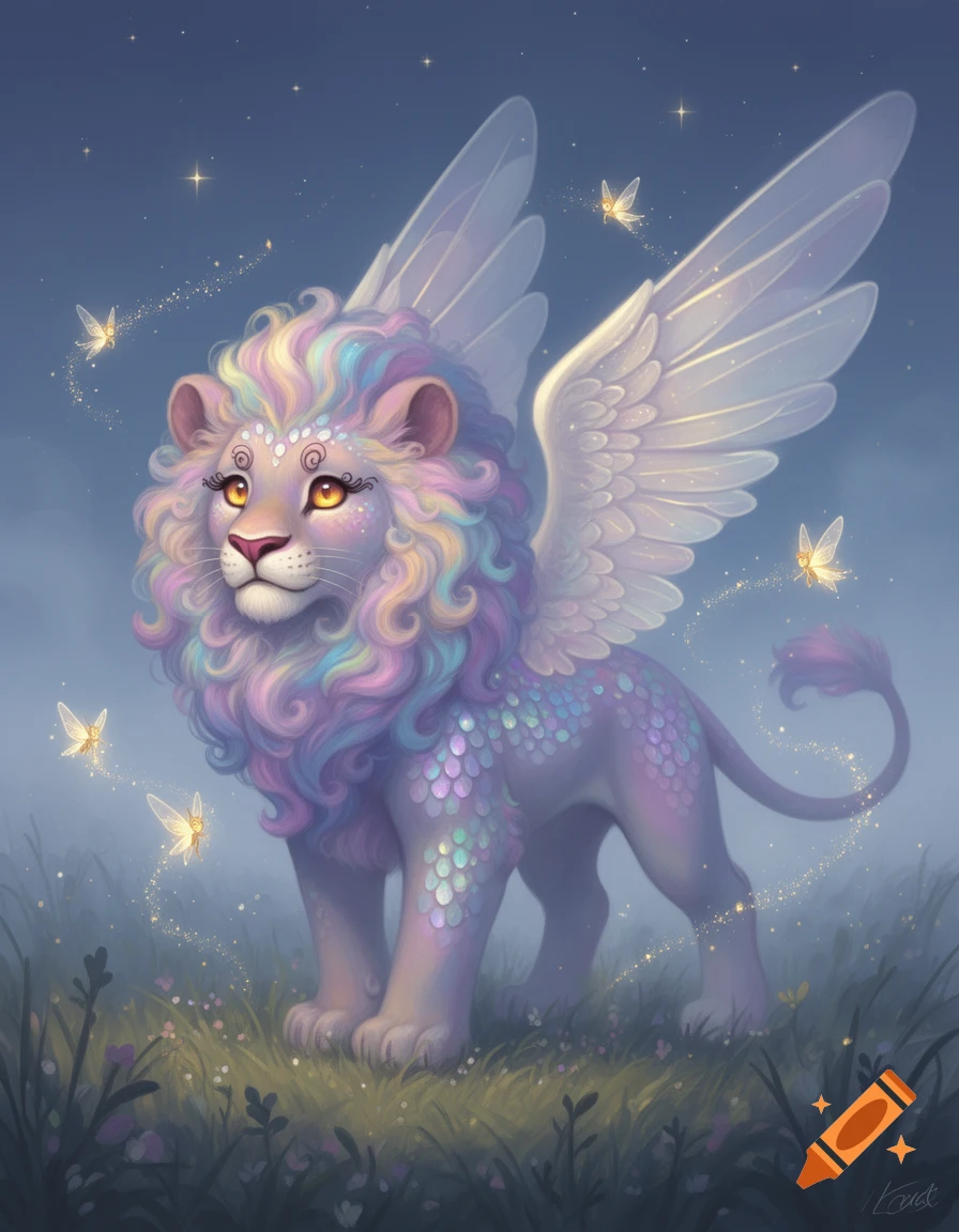 A pastel rainbow-maned winged lion with iridescent scales stands in a misty field with glowing butterflies.