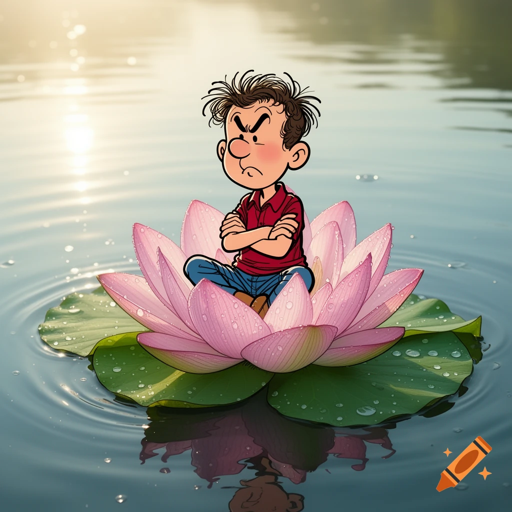 An angry cartoon boy with messy hair and crossed arms, reminiscent of Gaston Lagaffe, sits in a large pink lotus flower floating on calm water.