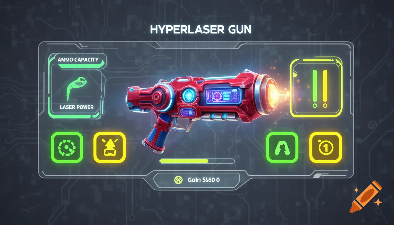 A red and blue stylized hyperlaser gun displayed on a futuristic GUI screen with green and yellow icons against a circuit board background.