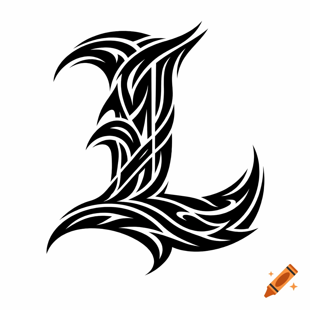 Black and white stylized letter L logo in tribal tattoo style.