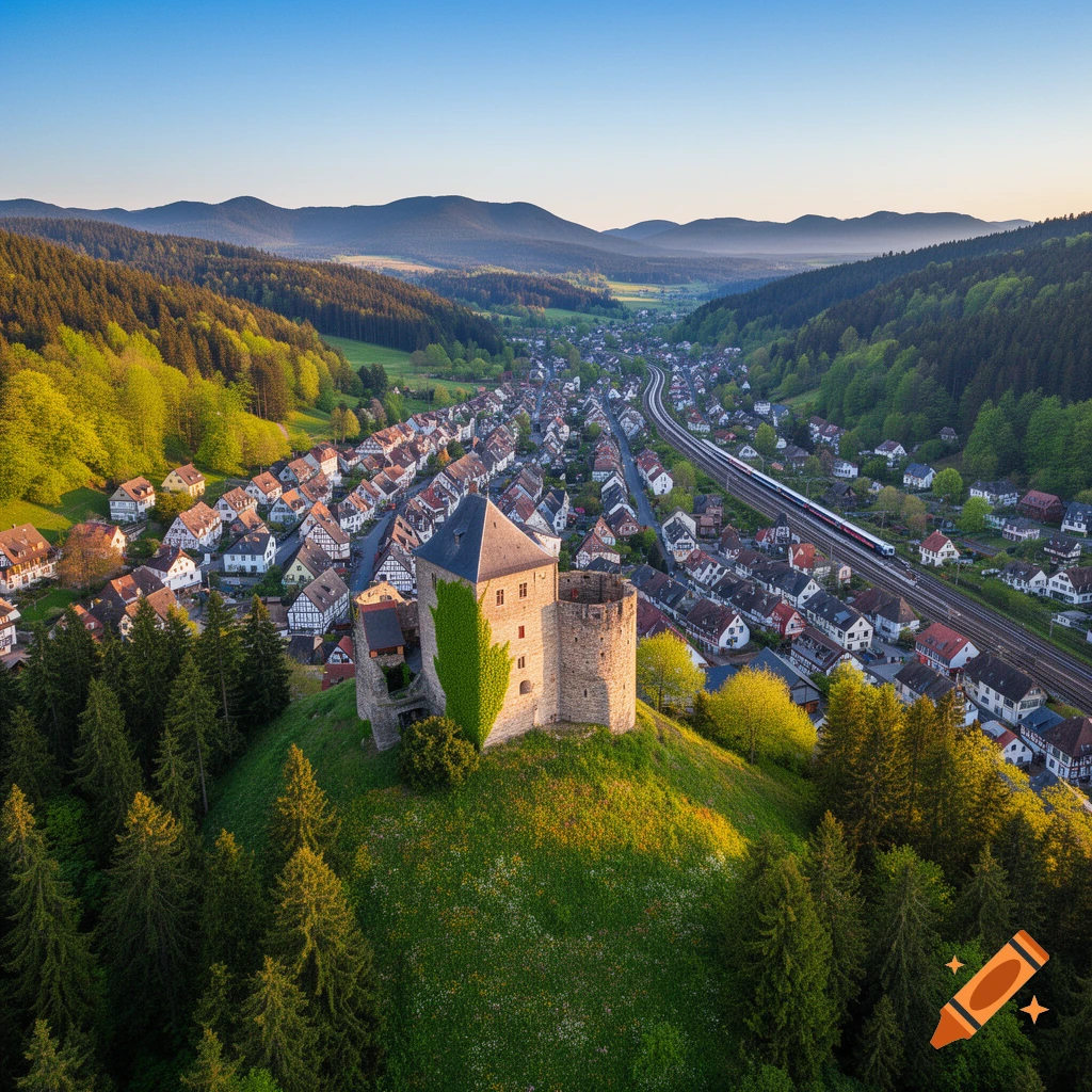 Photorealistic aerial view of a stone castle on a hill overlooking a charming town in a green valley with a train.