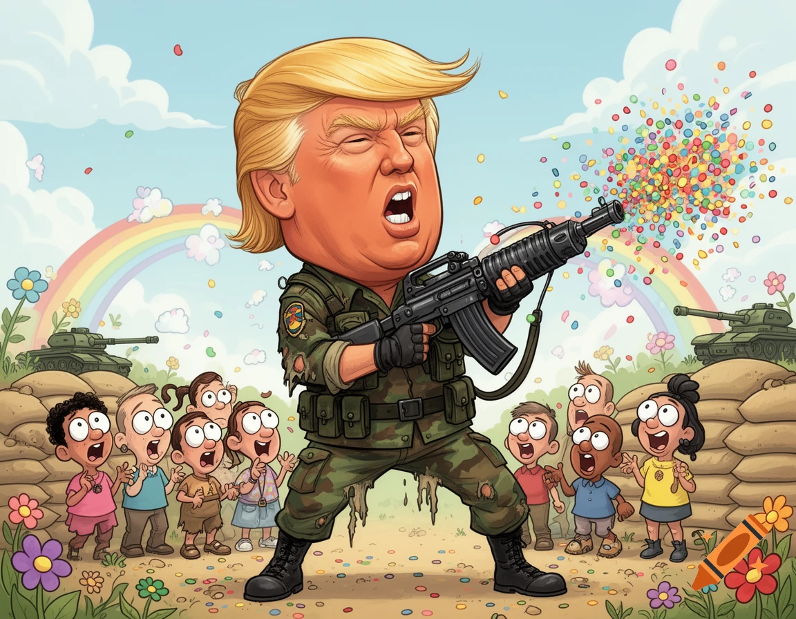 Cartoon caricature of Donald Trump in military fatigues, firing a confetti gun while surrounded by cheering children, tanks, and a rainbow.