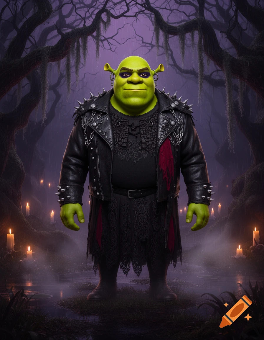 Shrek dressed as a goth, wearing a studded leather jacket and black lace, stands in a dark, misty forest with glowing candles.