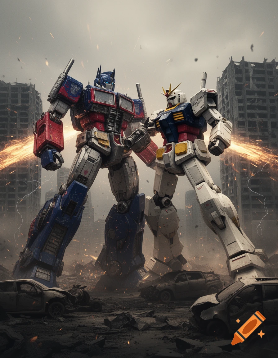 Photorealistic image of Optimus Prime and a Gundam standing among destroyed cars and buildings in a post-apocalyptic city.