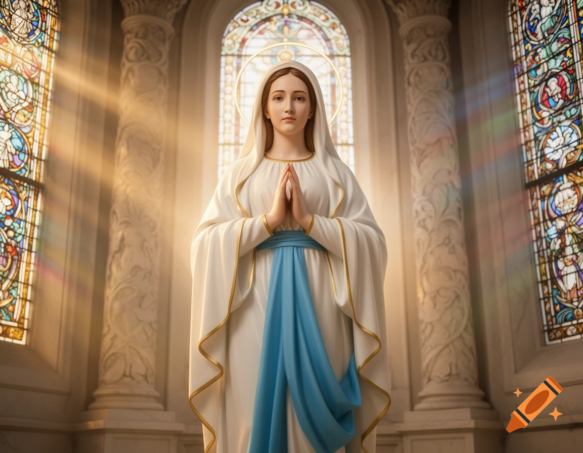 A serene statue of the Virgin Mary in a white robe with a blue sash, hands pressed in prayer, bathed in sunlight from stained glass windows.