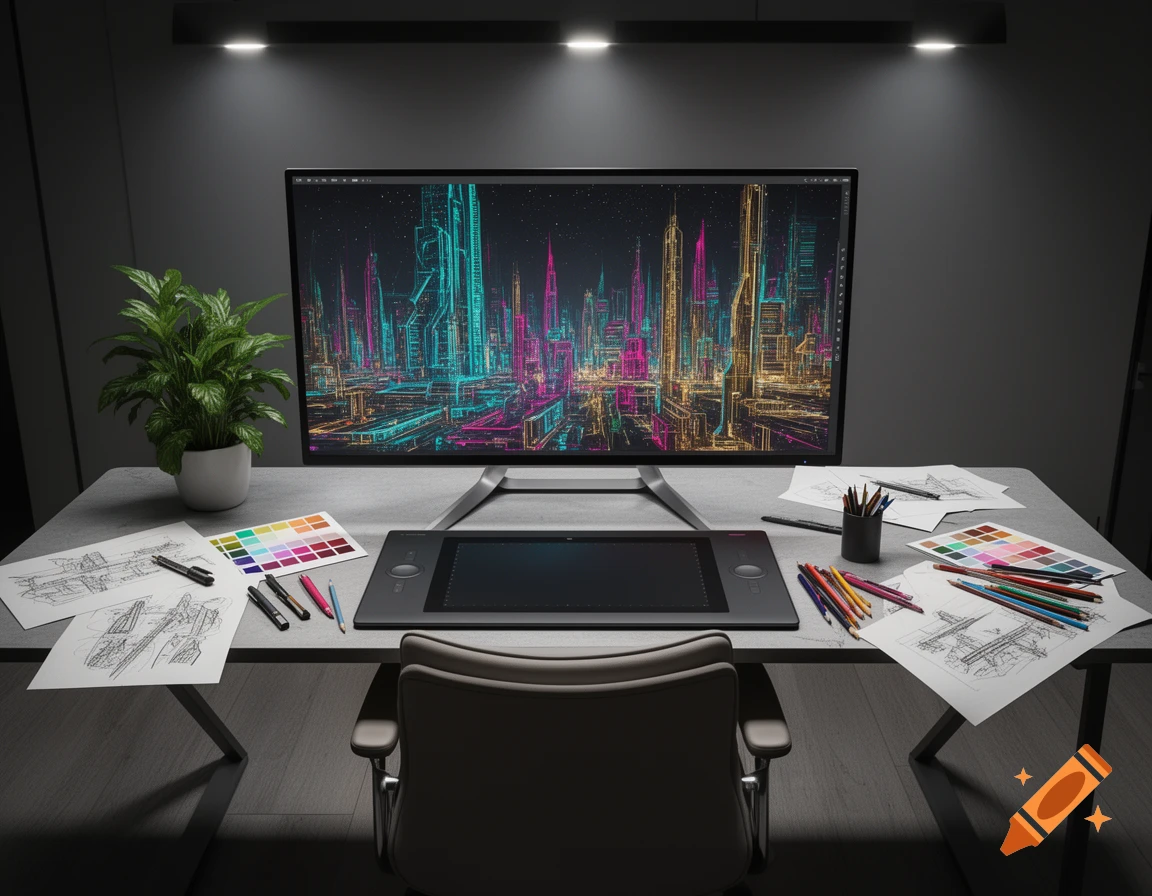 A modern workspace with a monitor displaying a futuristic city skyline, a drawing tablet, and art supplies on a desk.