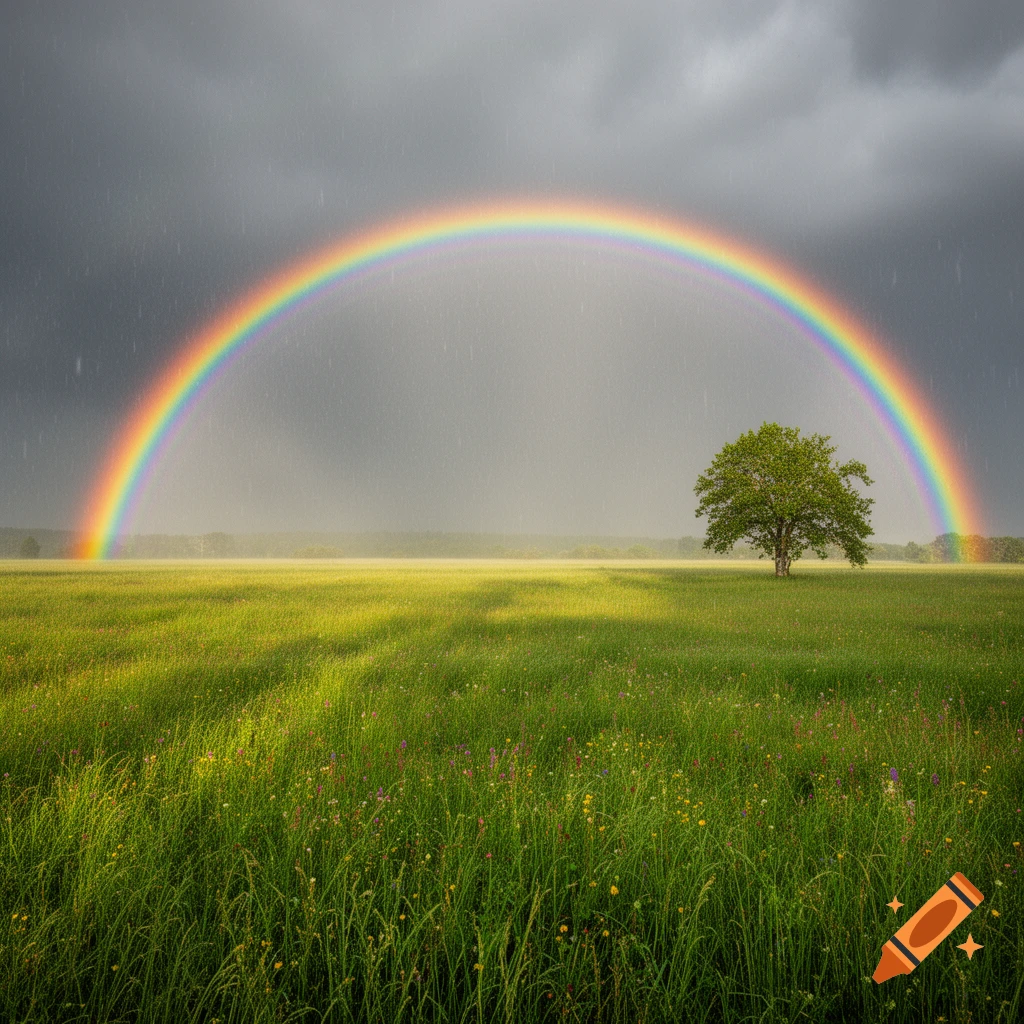A vibrant rainbow arches over a lush green field with a single tree under a dramatic, cloudy sky and rain.
