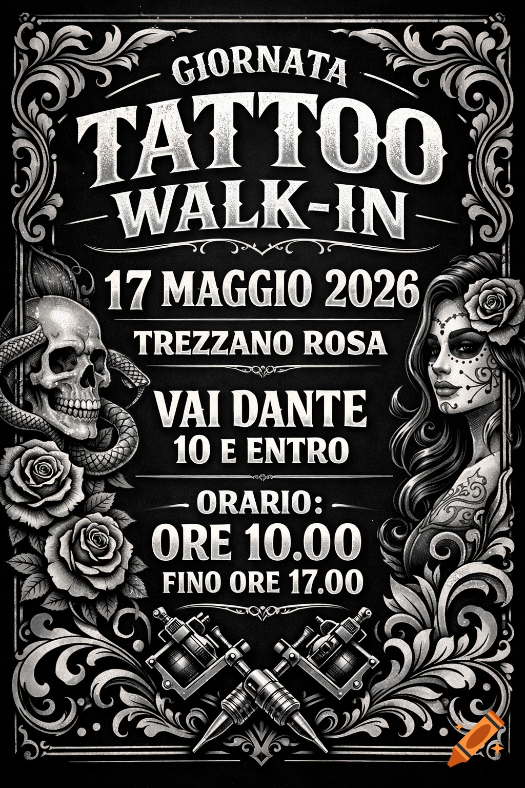 Black and white vintage-style tattoo walk-in poster with a skull, snake, roses, a woman's face, and tattoo machines, announcing date and time.