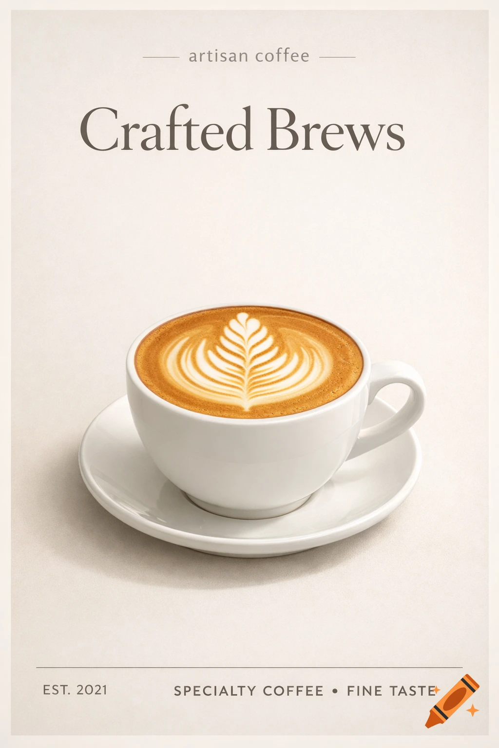 A minimalist coffee shop poster features a white cup of latte with detailed leaf art, against a light background with text 'Crafted Brews'.