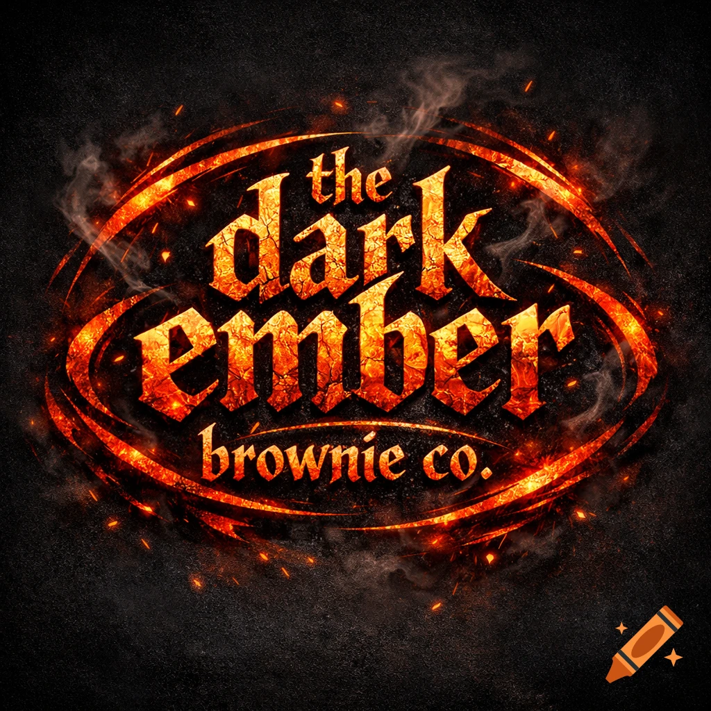 Logo for 'the dark ember brownie co.' with fiery, cracked text and glowing embers on a dark, textured background.