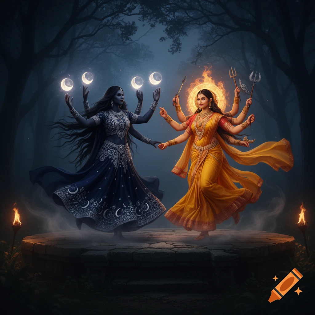 A dark blue multi-armed goddess with glowing moons and a golden multi-armed goddess with a fiery halo dance on a stone platform in a mystical, dark forest at night.