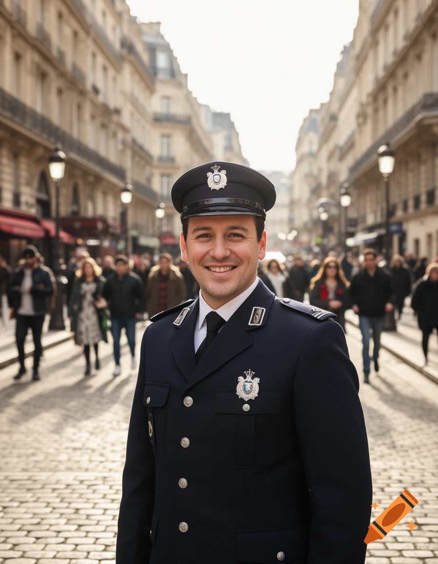 A smiling gendarme in a dark blue uniform and hat stands on a cobblestone street in a European city, with blurry crowds and buildings in the background.