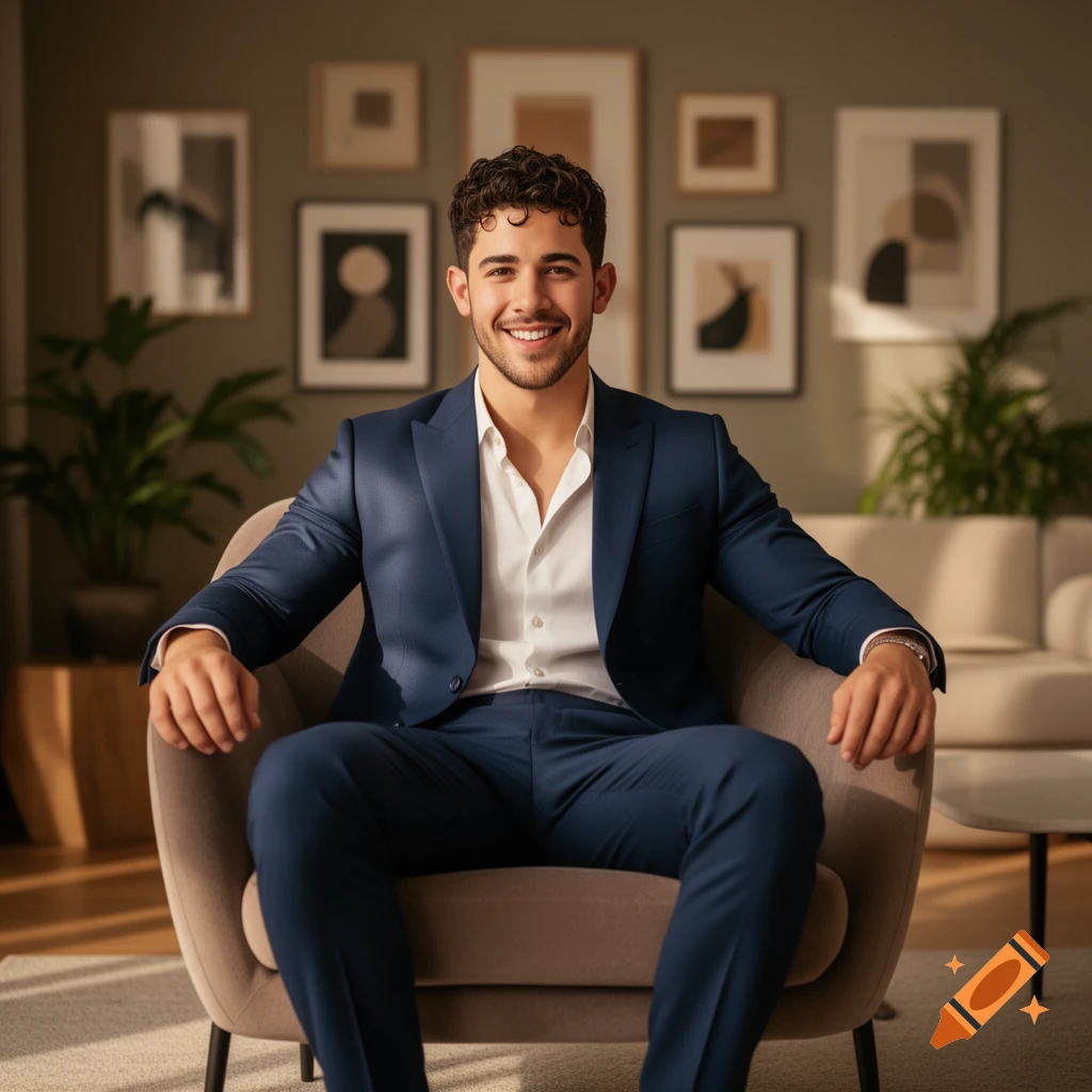 A smiling man in a blue suit and white shirt sits in a beige armchair in a modern room with framed art. Photorealistic.