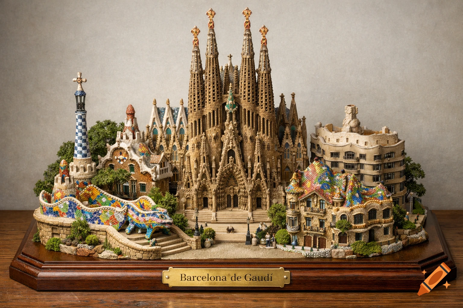 Detailed miniature model of Barcelona's Gaudi architecture, featuring Sagrada Familia and Park Güell, on a wooden base.