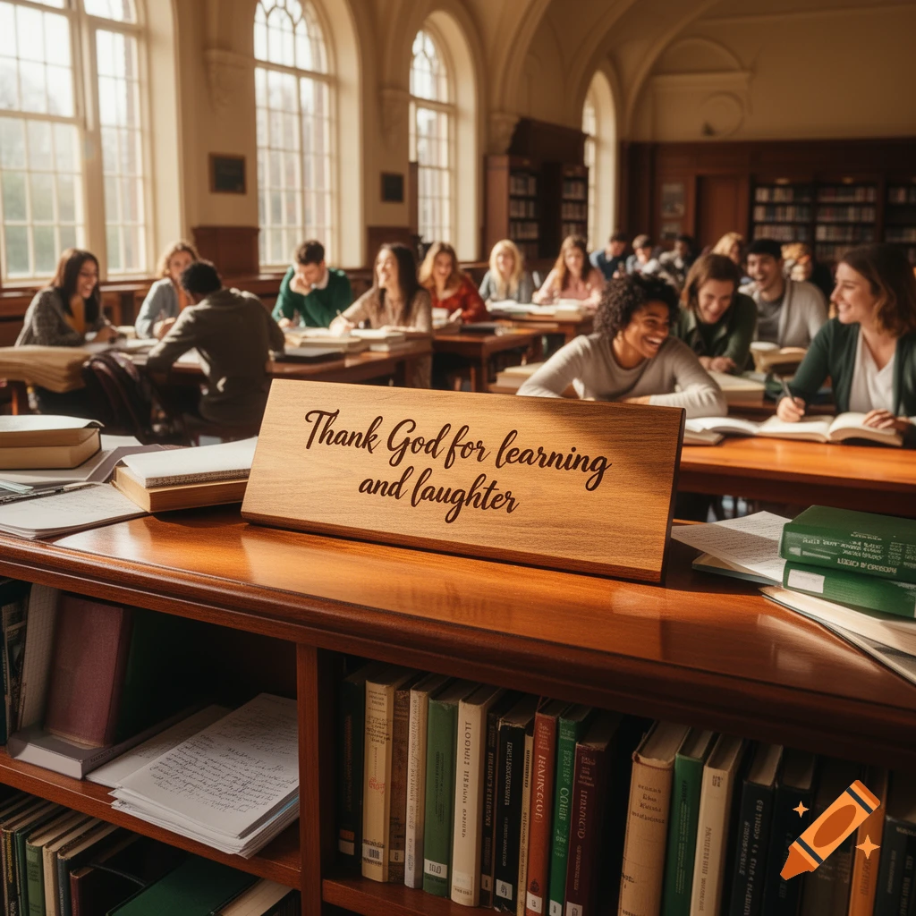 Photorealistic image of students studying and laughing in a grand library, with a wooden sign in the foreground reading "Thank God for learning and laughter".