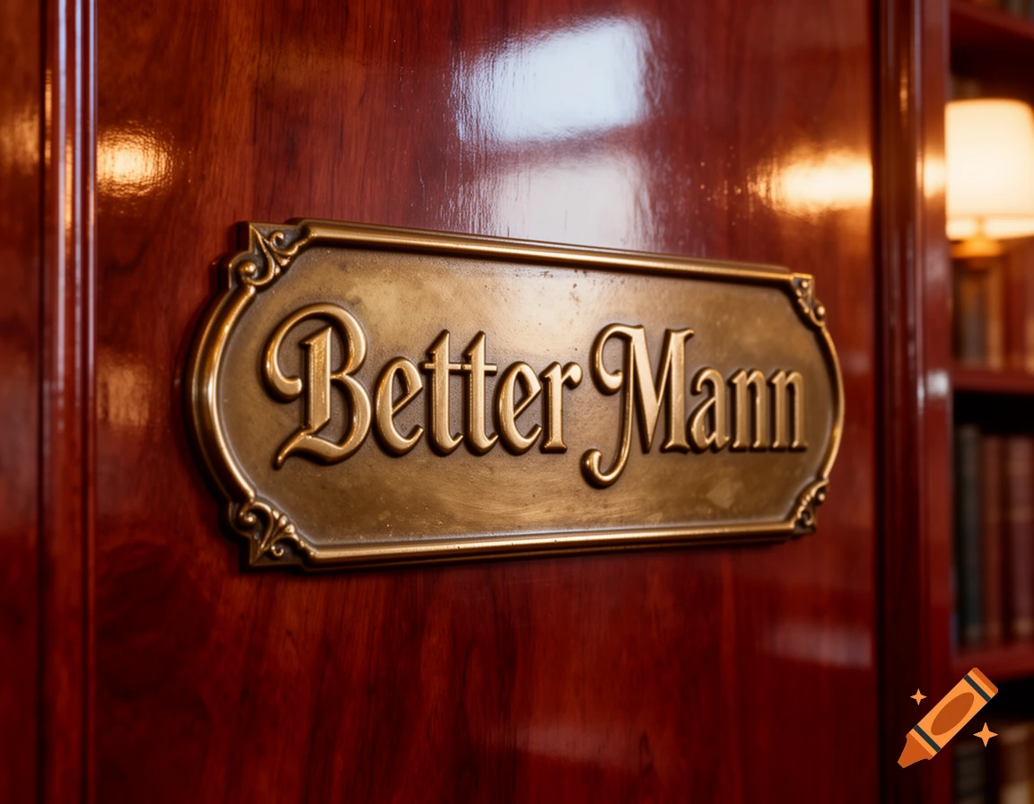 A close-up of a bronze plaque with 'Better Mann' engraved on a polished wooden door, with a blurred bookshelf in the background.
