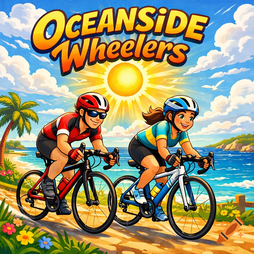 A vibrant cartoon of two cyclists, a man and a woman, riding bikes along a sunny beach path under a bright sun, with 'Oceanside Wheelers' title.