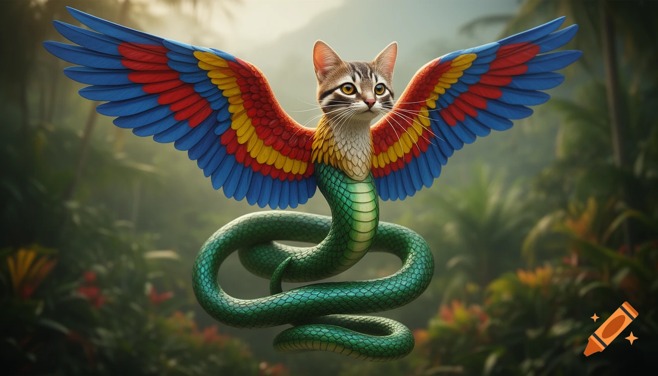 An Alebrije creature with a ringtail cat head, colorful macaw wings, and a green snake body, set in a lush jungle.