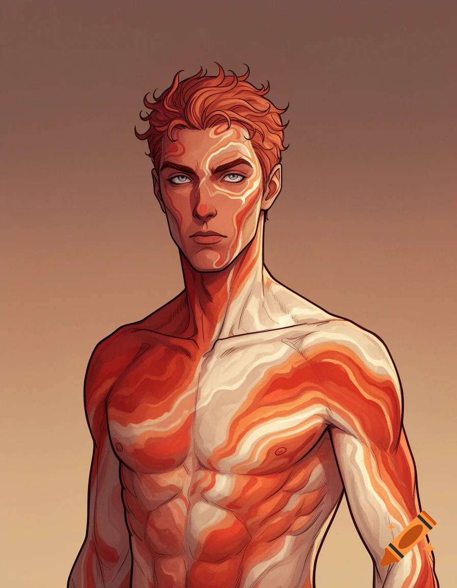 A graphic novel style portrait of a shirtless man with red, orange, and cream-white agate-like skin patterns and reddish-orange curly hair, looking directly forward.