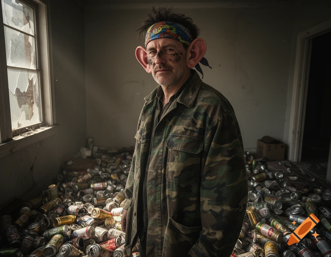 Photorealistic portrait of a man with large ears and a bandana, wearing a camo jacket, in a derelict room filled with beer cans.