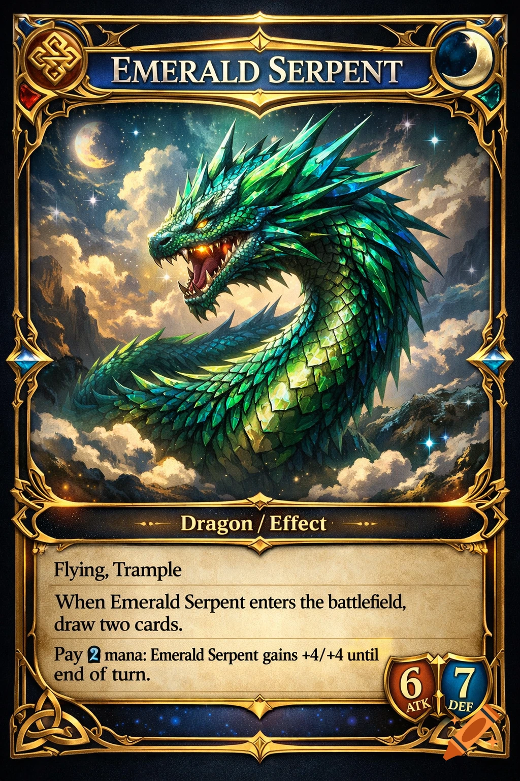 A fantasy trading card named 'Emerald Serpent' depicting a vibrant green dragon against a starry, cloudy sky, with game text and stats.