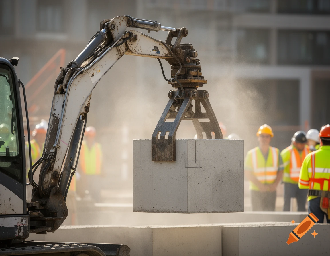 Photorealistic image of a mini excavator lifting a concrete block on a dusty urban construction site, with workers in the background.